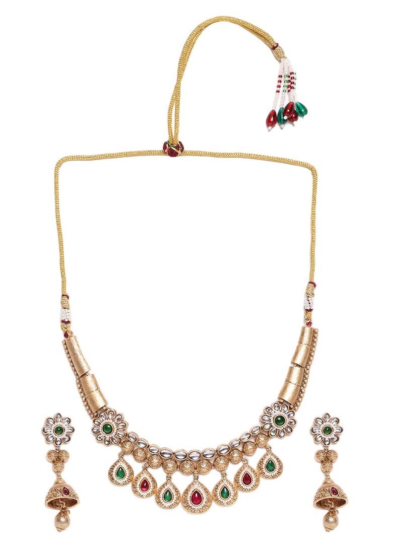Gold Plated Stone Studded And Beaded Necklace And Earrings