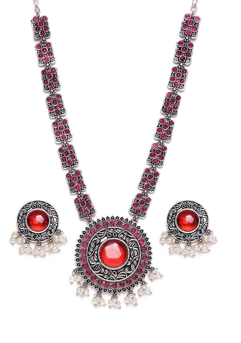 Silver Silver Plated Stone Studded And Beaded Necklace And Earrings