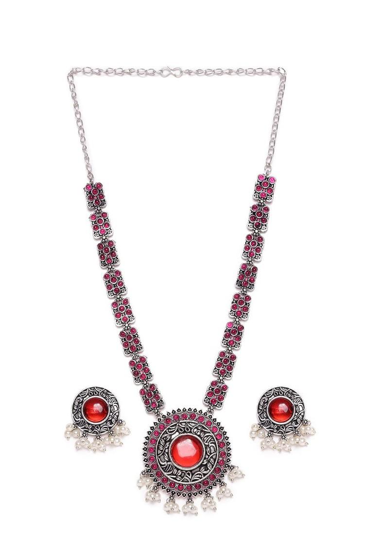 Silver Silver Plated Stone Studded And Beaded Necklace And Earrings