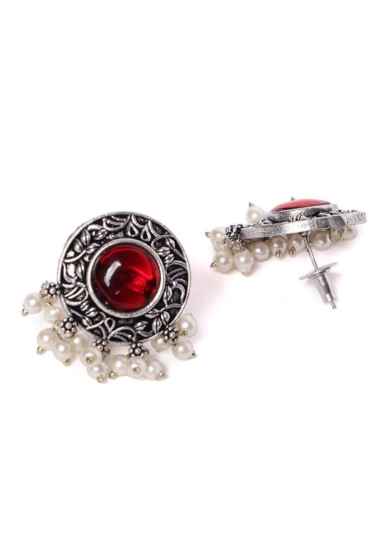 Silver Silver Plated Stone Studded And Beaded Necklace And Earrings