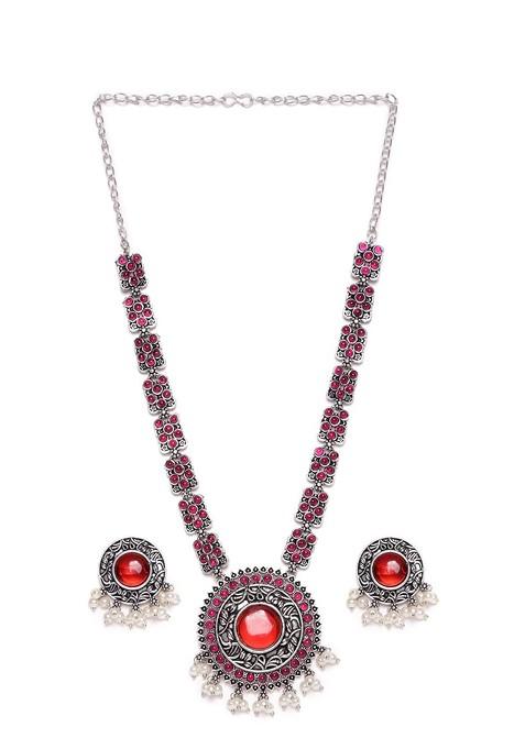 Silver Silver Plated Stone Studded And Beaded Necklace And Earrings