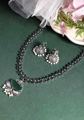 Silver Silver Plated Stone Studded And Beaded Necklace And Earrings