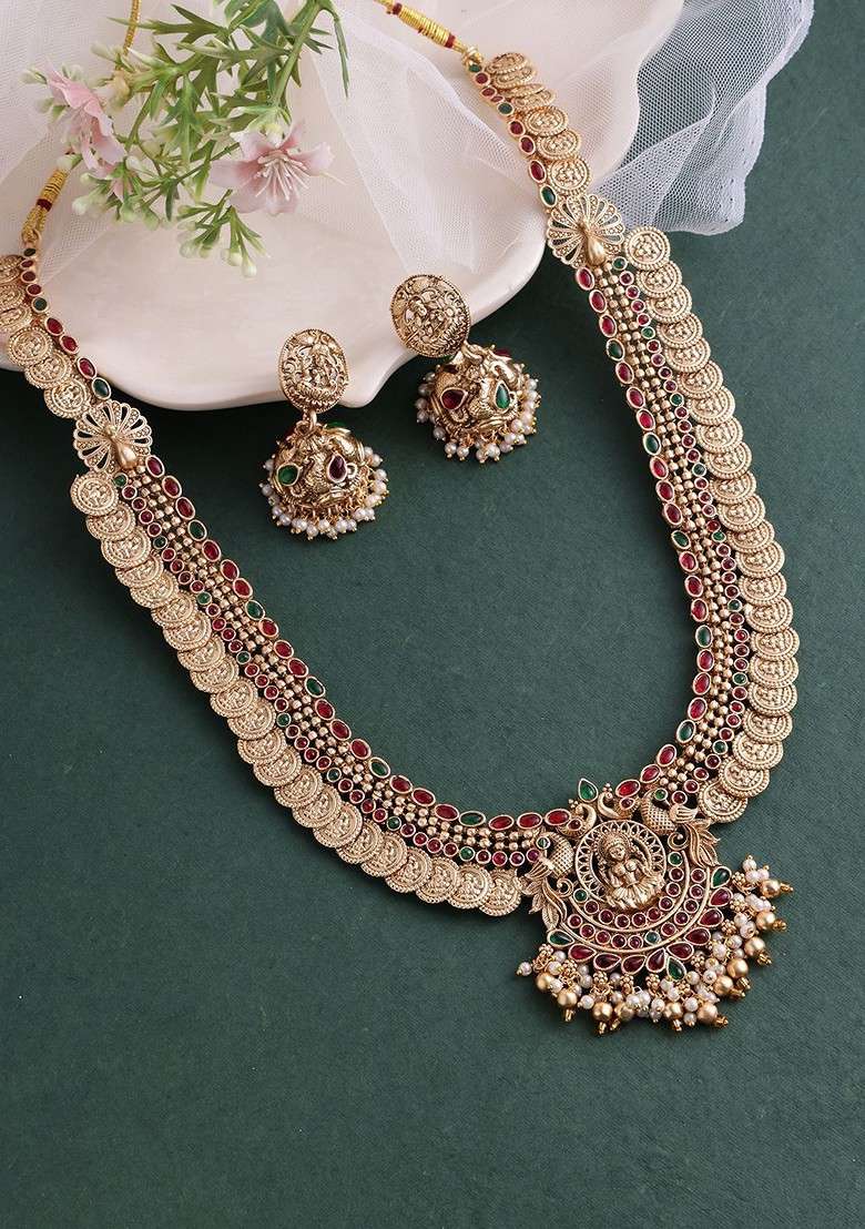 Gold Plated Kundan Studded And Beaded Embellished Antique Jewellery Set - Indya