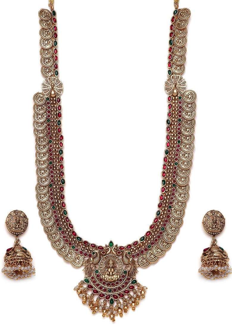 Gold Plated Kundan Studded And Beaded Embellished Antique Jewellery Set - Indya