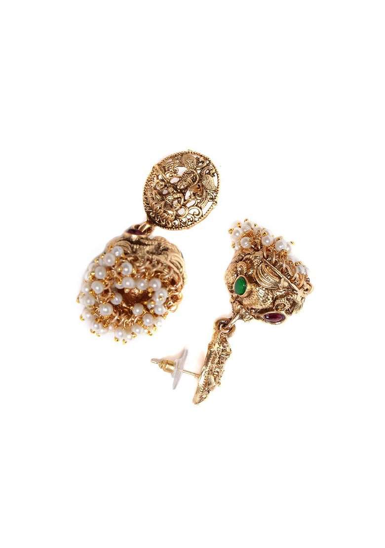 Gold Plated Kundan Studded And Beaded Embellished Antique Jewellery Set - Indya