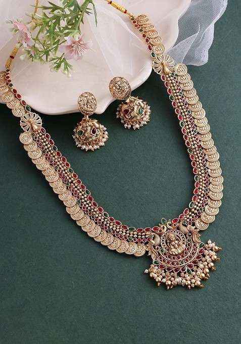 Gold Plated Kundan Studded And Beaded Embellished Antique Jewellery Set