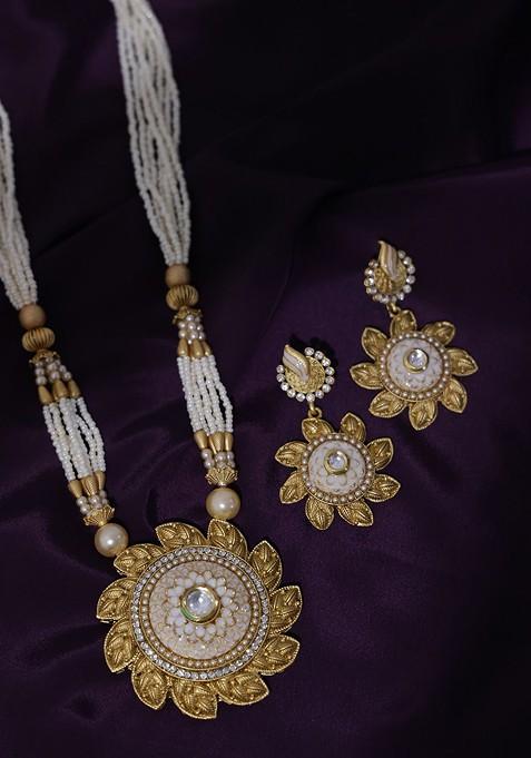 Gold Plated Cz Studded And Beaded Jewellery Set