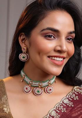 Gold Plated Cz Studded And Beaded Jewellery Set