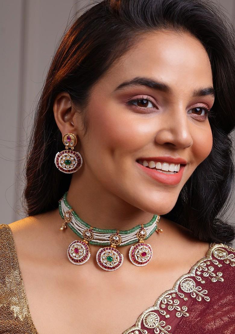 Gold Plated Cz Studded And Beaded Jewellery Set
