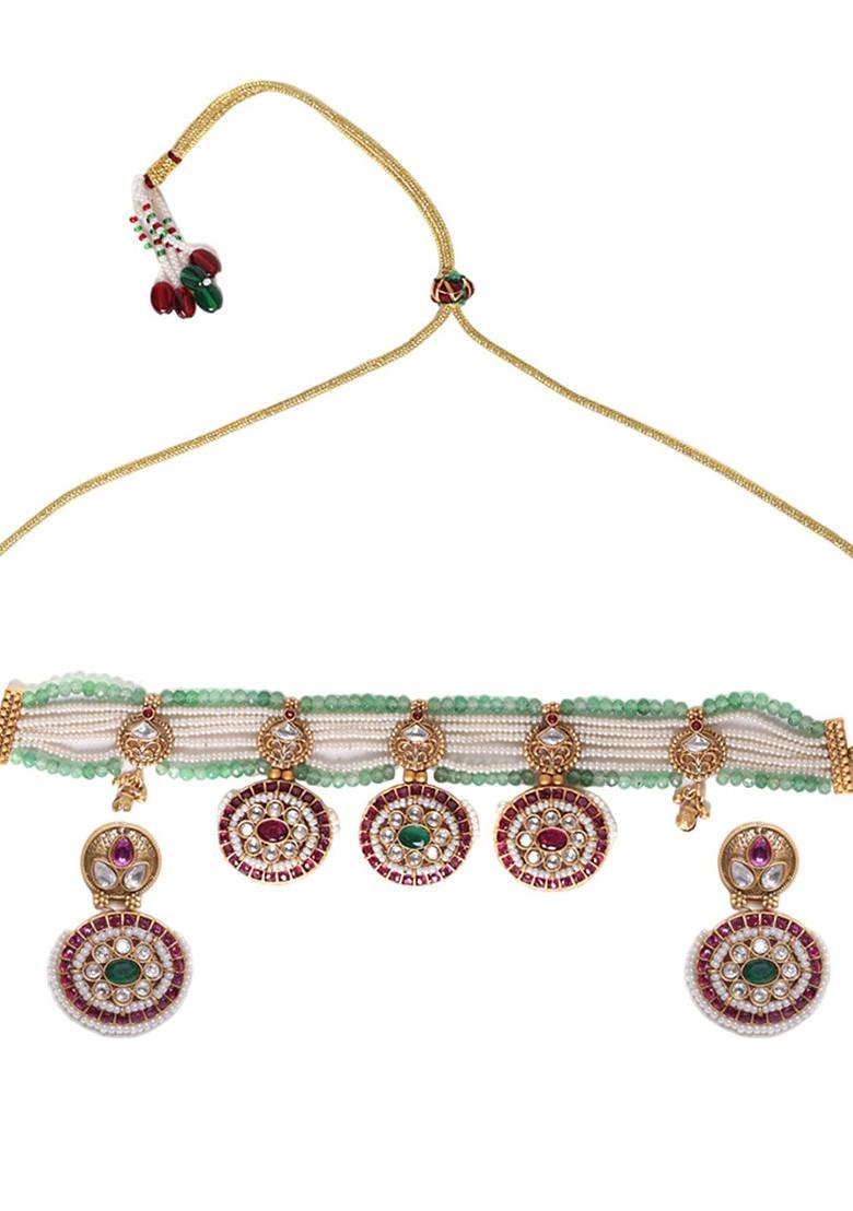 Gold Plated Cz Studded And Beaded Jewellery Set