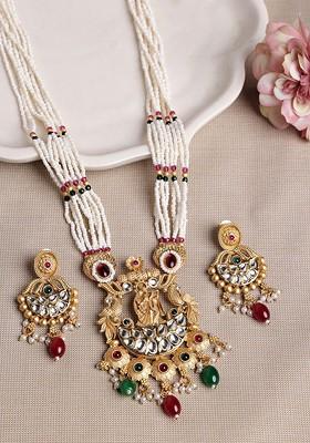 Gold Plated Cz Studded And Beaded Jewellery Set