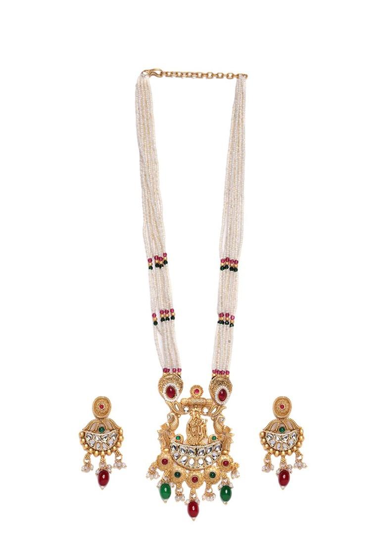 Gold Plated Cz Studded And Beaded Jewellery Set
