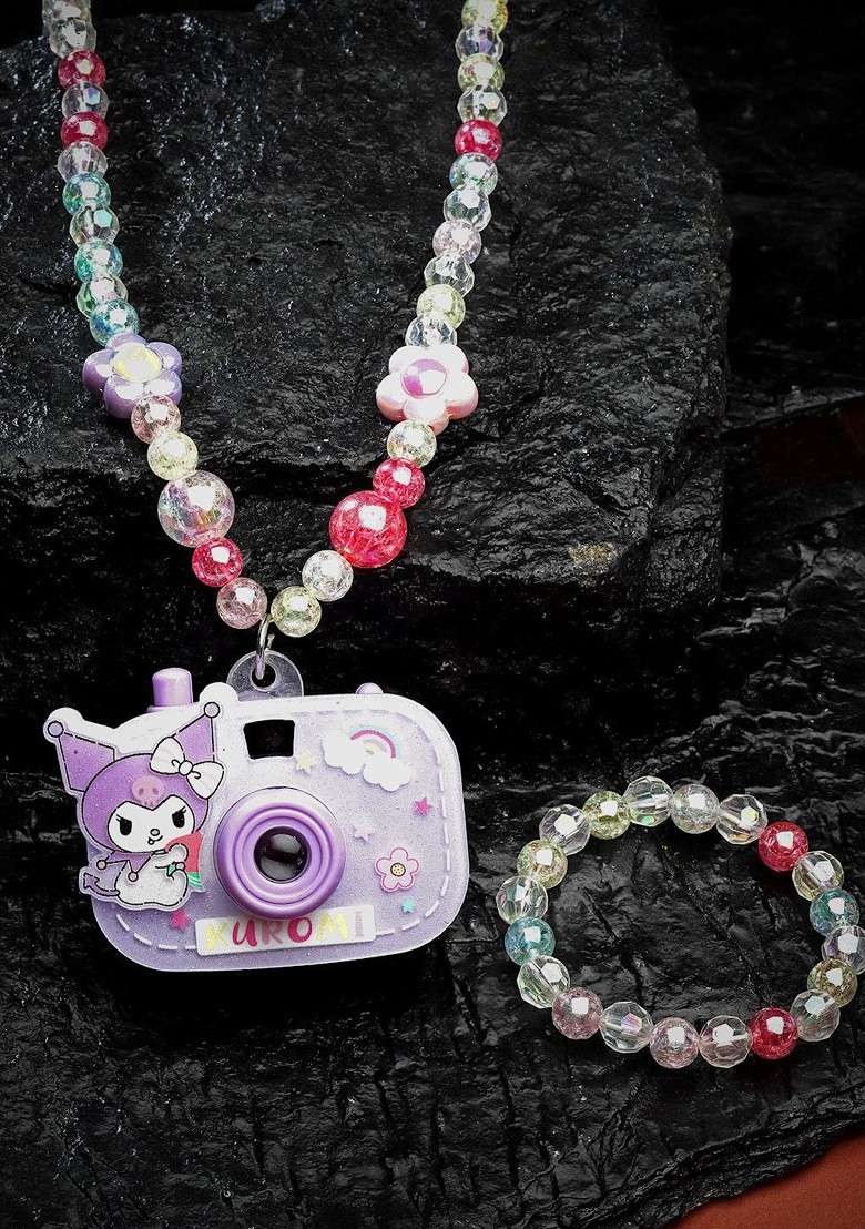 Blue Mini Camera Beaded Necklace With Bracelet - Indya