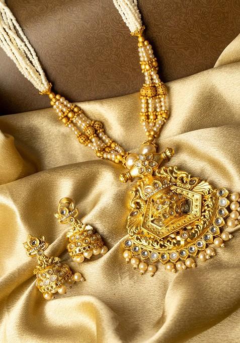 Gold Plated Stone Studded And Beaded Jewellery Set