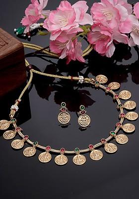 18Kt Gold Plated Stones Studded Tarnish Temple Coins Jewelry Set