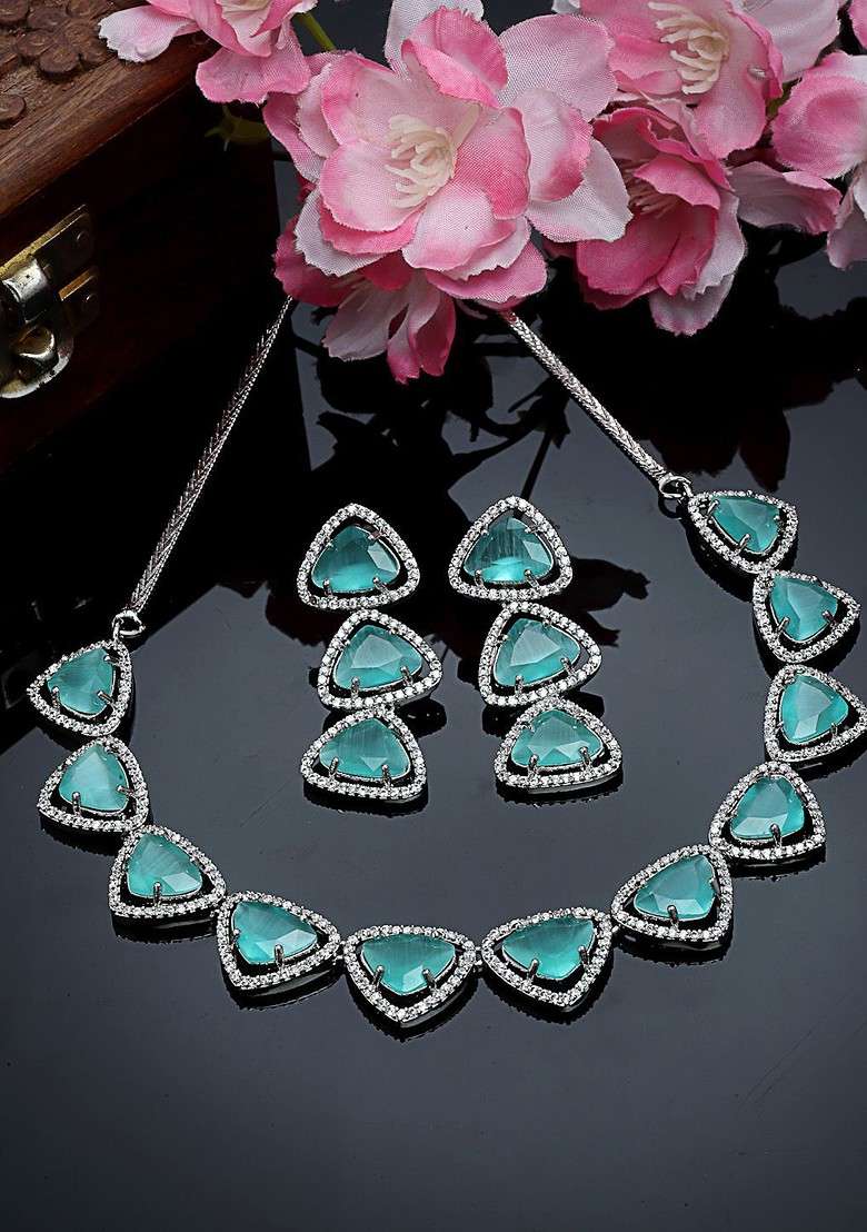 Silver Silver Plated Cubic Zirconia Studded Jewellery Set - Indya