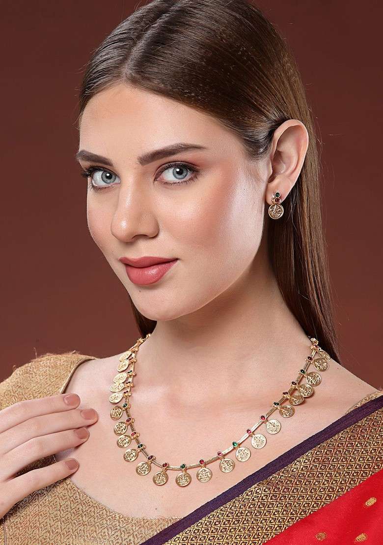 18Kt Gold Plated Stone Studded Temple Jewellery Set - Indya