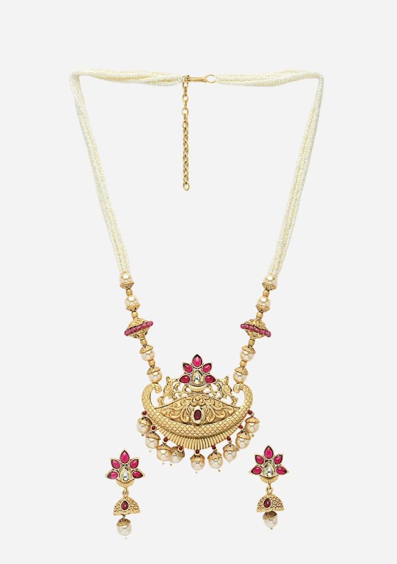 Gold Plated Stone Studded And Beaded Jewellery Set