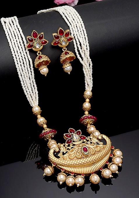 Gold Plated Stone Studded And Beaded Jewellery Set