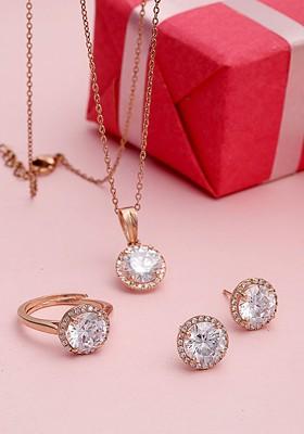 Gold Plated Cubic Zirconia Studded Solitaire Pendant With Earrings And Ring