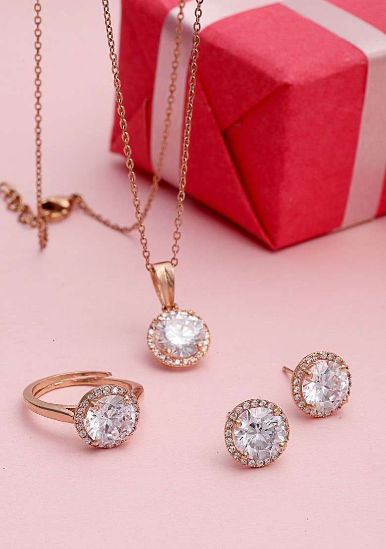 Gold Plated Cubic Zirconia Studded Solitaire Pendant With Earrings And Ring - Indya