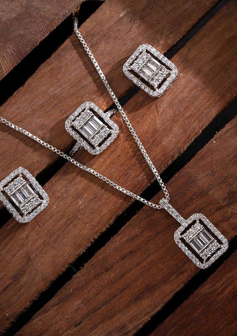 Silver Silver Plated Cubic Zirconia Studded Jewellery Set - Indya