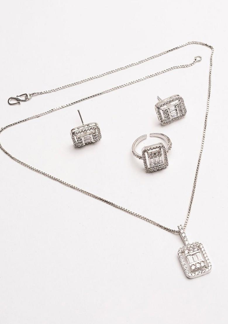 Silver Silver Plated Cubic Zirconia Studded Jewellery Set