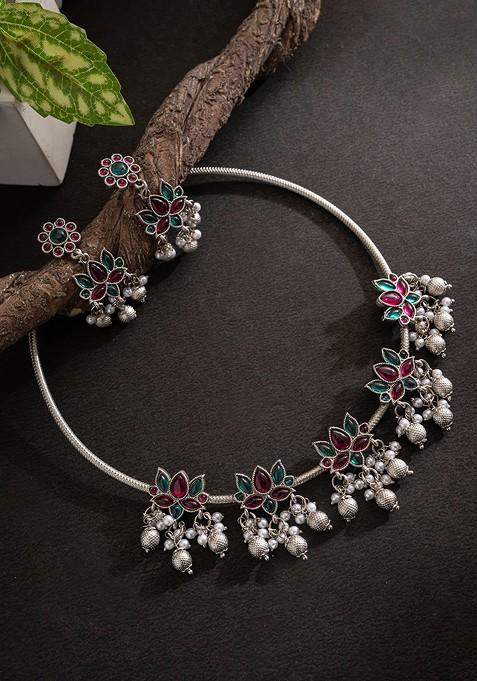 Silver Silver Plated Stones Studded Jewellery Set