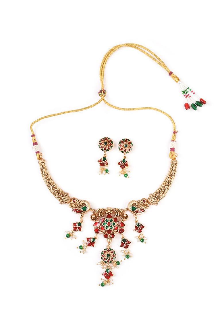 Gold Plated Artificial Stones Studded And Beaded Jewellery Set