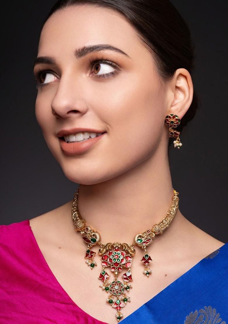 Gold Plated Artificial Stones Studded And Beaded Jewellery Set