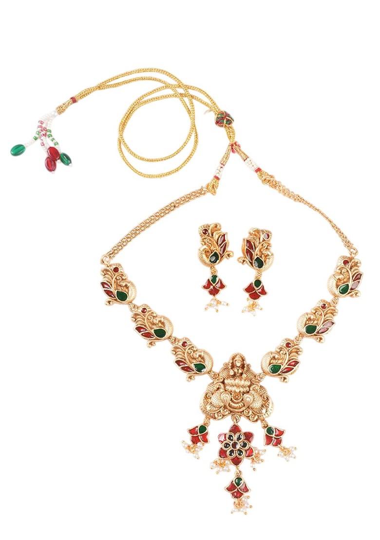 Gold Plated Artificial Stones Studded And Beaded Jewellery Set