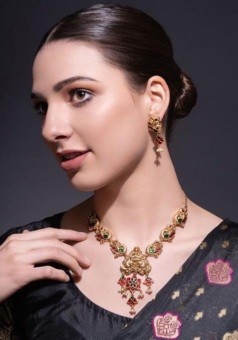 Gold Plated Artificial Stones Studded And Beaded Jewellery Set