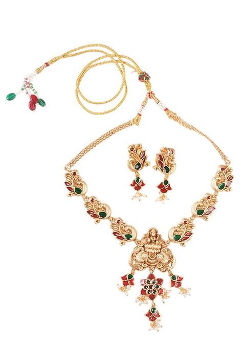 Gold Plated Artificial Stones Studded And Beaded Jewellery Set