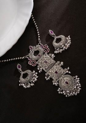 Silver Silver Plated Beaded Necklace And Earrings