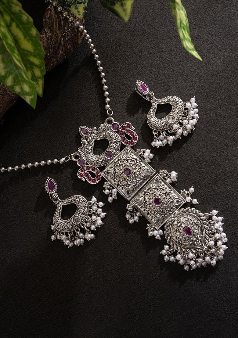 Silver Silver Plated Beaded Necklace And Earrings