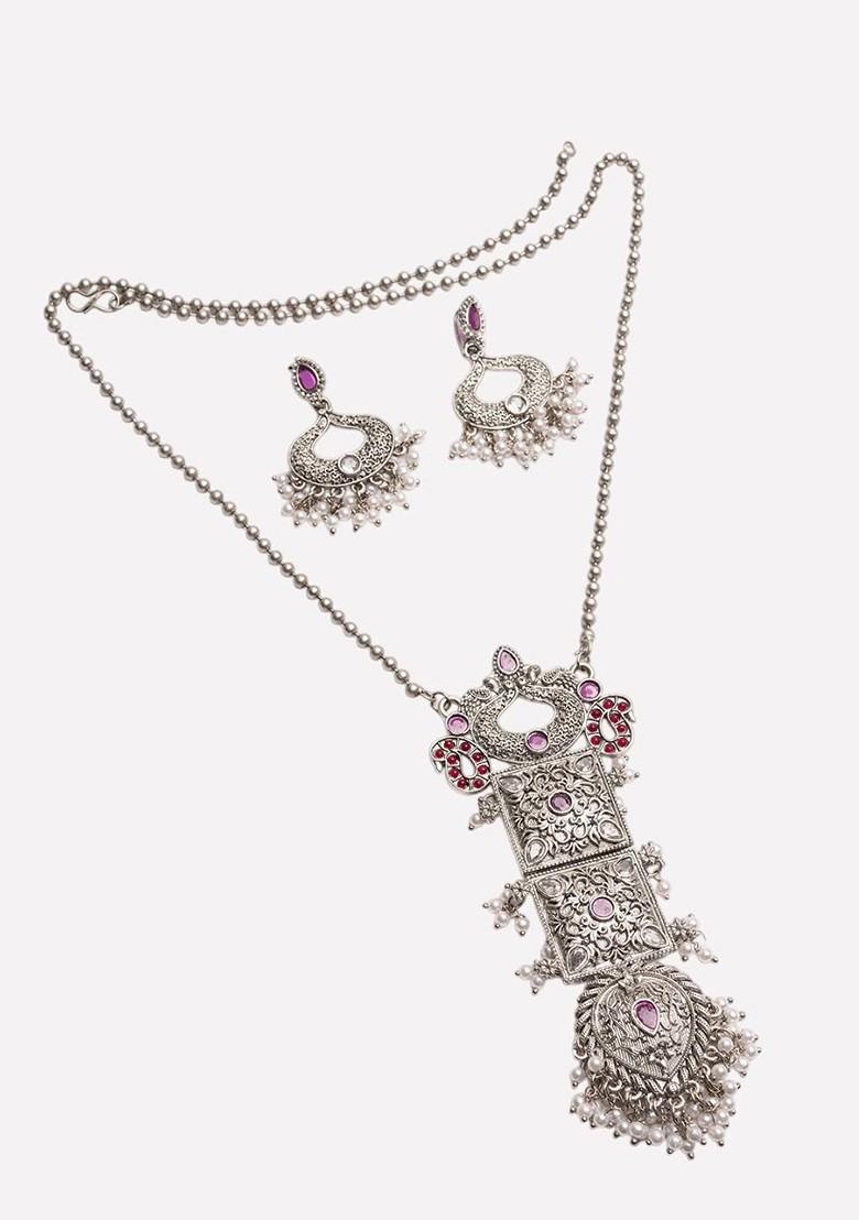 Silver Silver Plated Beaded Necklace And Earrings