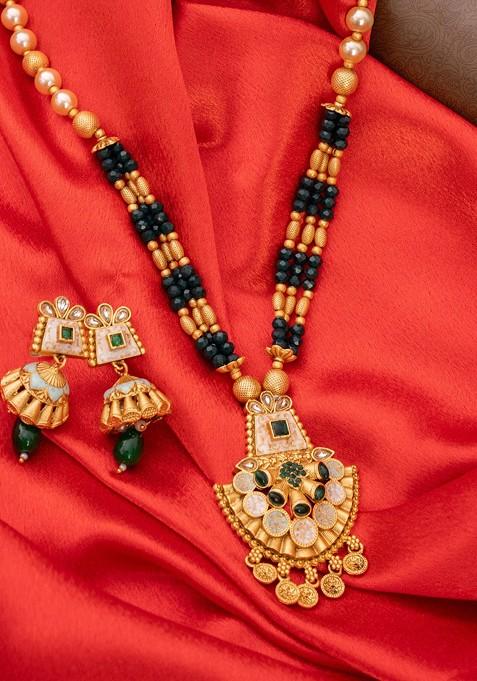 Gold Plated Stones Studded And Beaded Jewellery Set