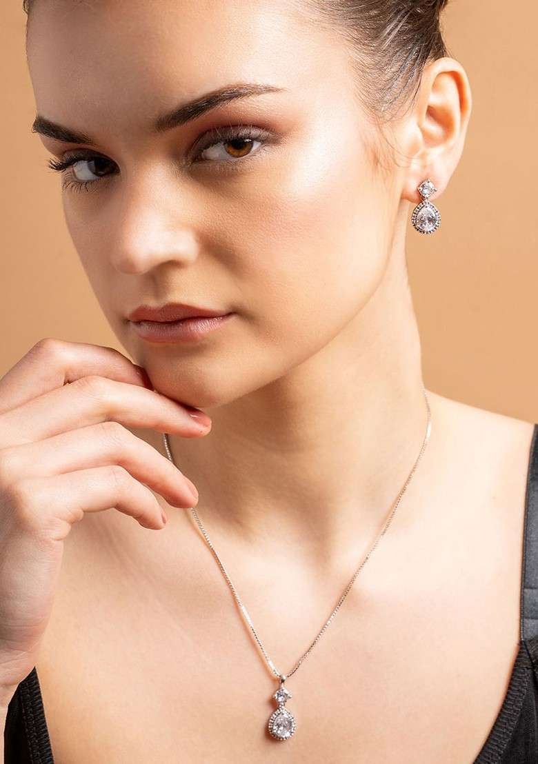 Silver Silver Plated Cubic Zirconia Stone Studded Pendant With Chain With Earrings - Indya