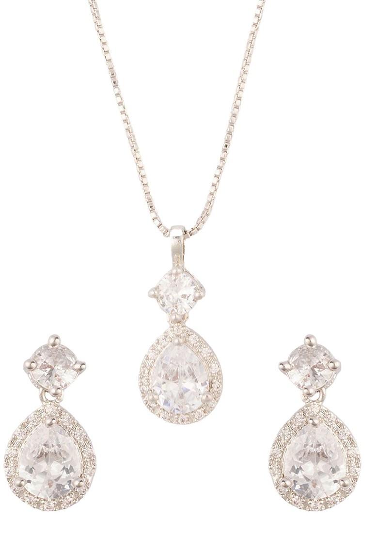 Silver Silver Plated Cubic Zirconia Stone Studded Pendant With Chain With Earrings