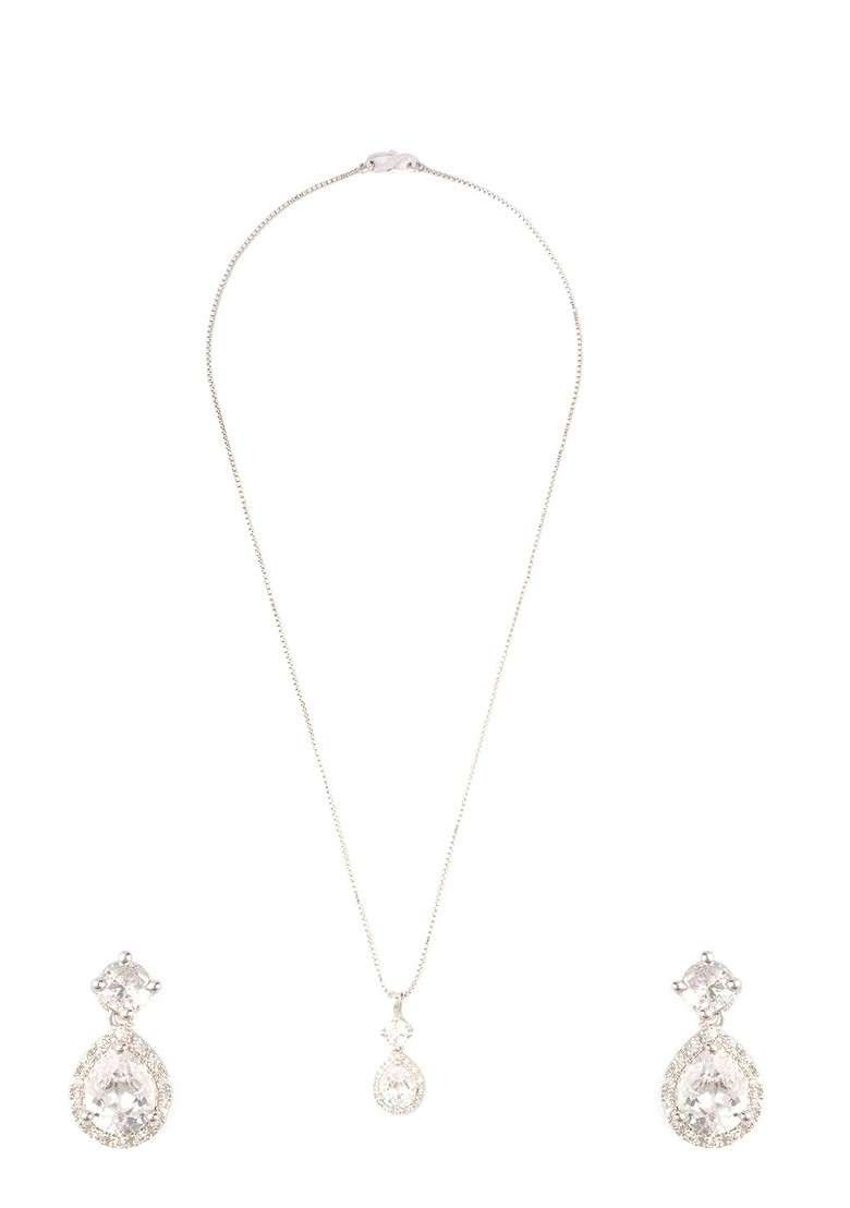 Silver Silver Plated Cubic Zirconia Stone Studded Pendant With Chain With Earrings - Indya