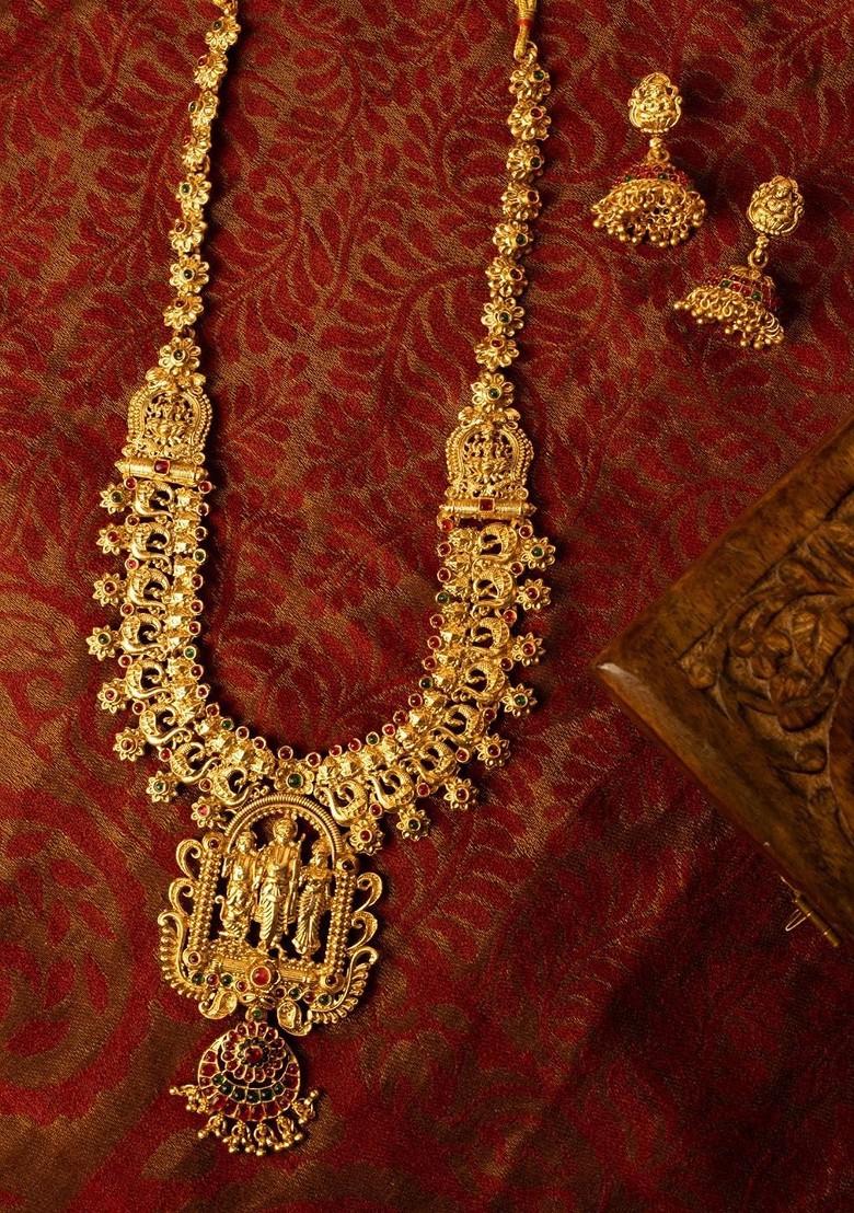 Gold Plated Stone Studded And Beaded Temple Jewellery Set