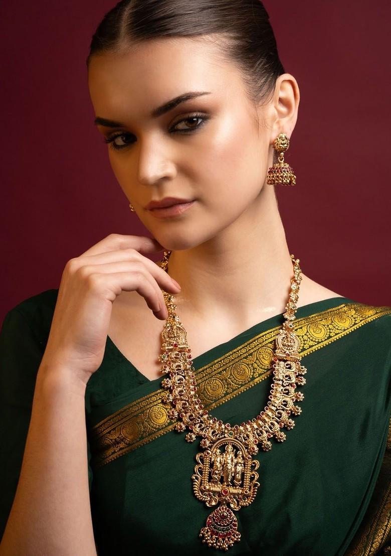 Gold Plated Stone Studded And Beaded Temple Jewellery Set