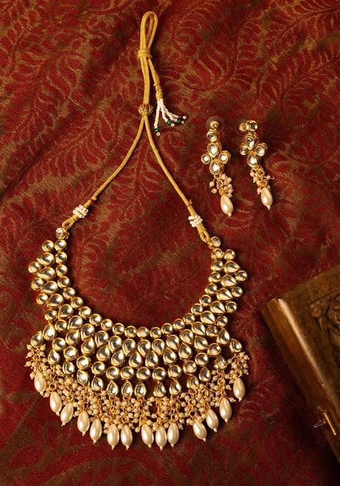 Gold Plated Kundan Stone Studded And Beaded Jewellery Set