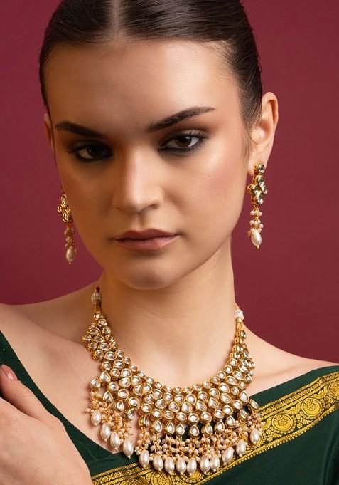 Gold Plated Kundan Stone Studded And Beaded Jewellery Set