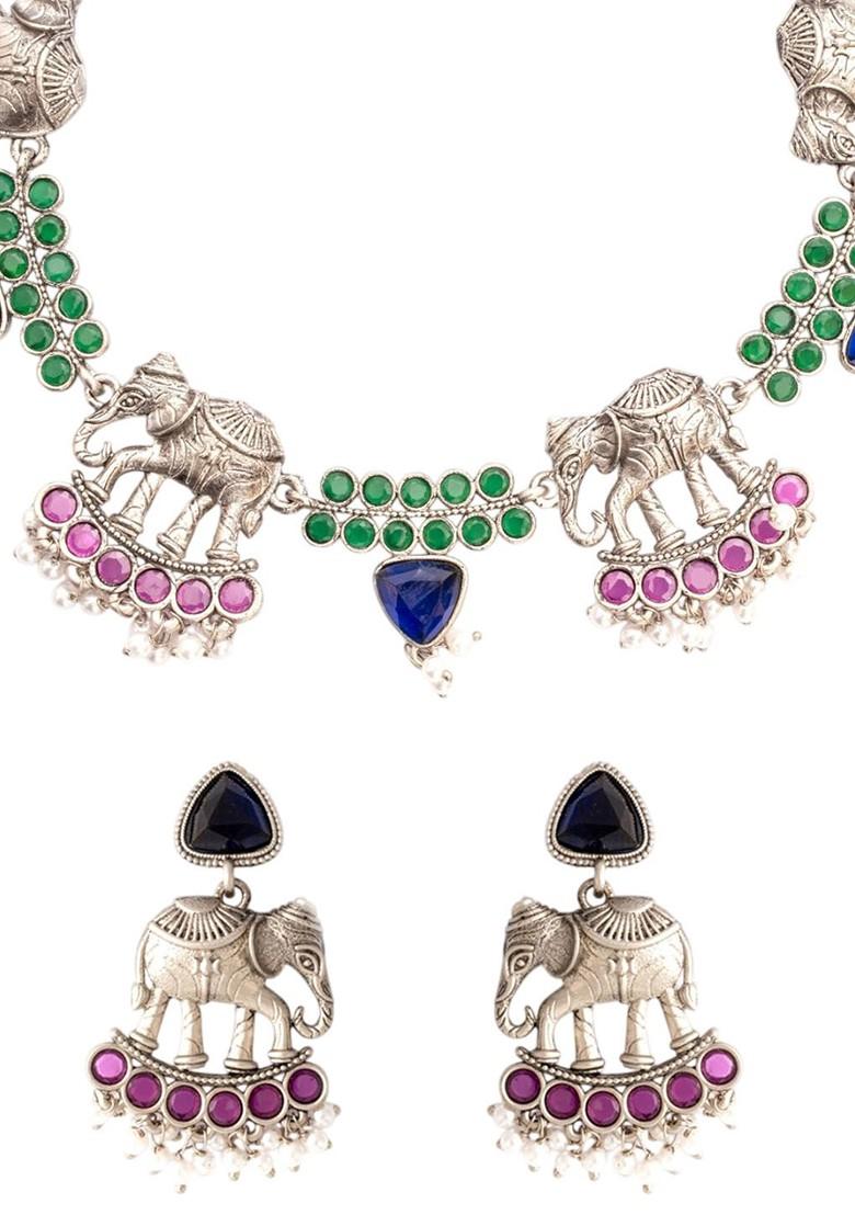 Silver Silver Plated Stone Studded And Beaded Jewellery Set