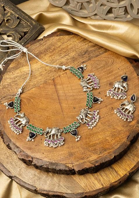 Silver Silver Plated Stone Studded And Beaded Jewellery Set