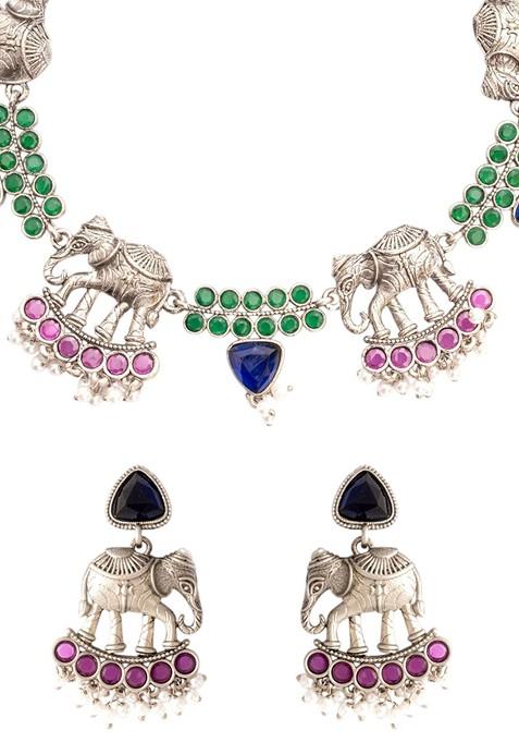 Silver Silver Plated Stone Studded And Beaded Jewellery Set