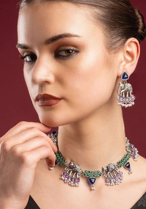 Silver Silver Plated Stone Studded And Beaded Jewellery Set