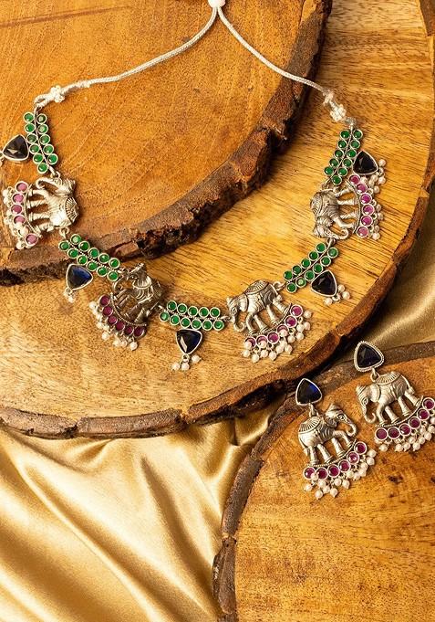 Silver Silver Plated Stone Studded And Beaded Jewellery Set