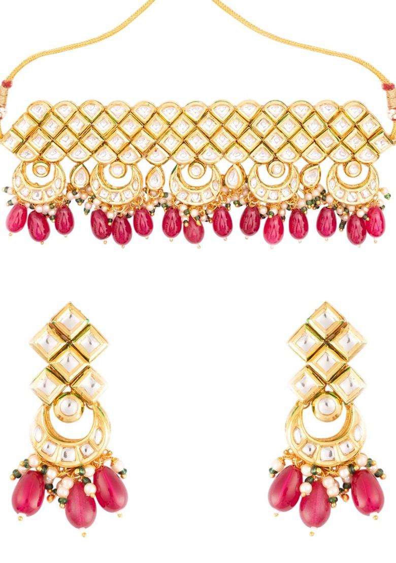 Gold Plated Kundan Stone Studded And Beaded Jewellery Set